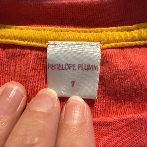 Penelope Plumm Coral Dress with Striped Sleeves and Cats - Picture 2 of 5